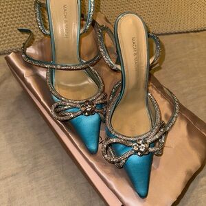 MACH & MACH Teal Satin Heels with Crystal Embellishments